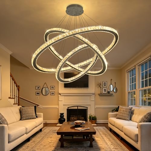 Modern Crystal Chandelier Dimmable LED Ceiling Light Fixture Luxury 3 Ring Stainless Steel Pendant Light for Living Room Dining Room Foyer Black (Black / 3-Ring 40")