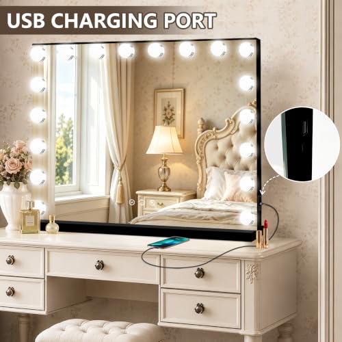Black Hollywood Vanity Mirror with Lights (Black / 32"L x 24"W)