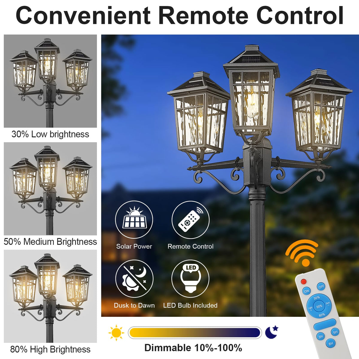 Solar Outdoor Lamp Post with 3 (Black / 3-Head-1Pack-Dusk to Dawn)