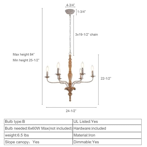 Farmhouse French Country Chandelier Distressed Wood for Living Room (Wood)