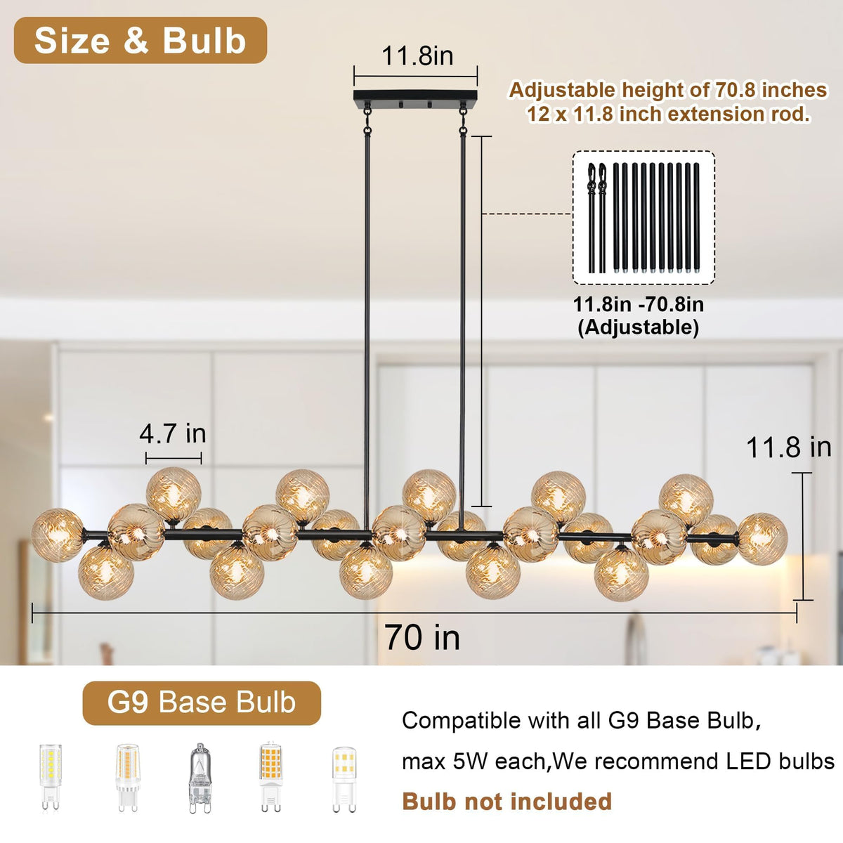 Linear Chandelier Modern 22 Lights Large Sputnik Chandelier Length 70 Inch (Amber Striped Glass and Black)