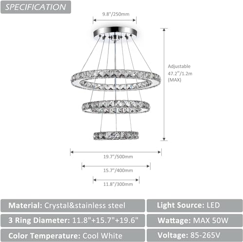 Crystal Chandeliers 4 Rings Chandelier LED Pendant Light Chandelier Ceiling Hanging Light Fixtures for Bedroom Living Room Dining Room Dia