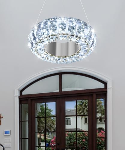 8" Ring Modern LED Dimmable Crystal Chandelier Adjustable Height Pendant Light Round Crystal Chandelier Light Fixtures for Dining Room Living Room Kitchen Island Silver (Silver / 1 Ring Round 8")