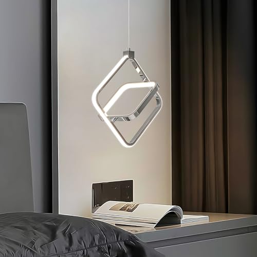 Modern LED Chandelier Chrome Rectangular Pendant Light Fixtures 4000K 20W Dimmable Height Adjustable Pendant Lighting for Dining Room Kitchen Island Bedroom Living Room Foyer（3 (Chrome / Square-3Pack)