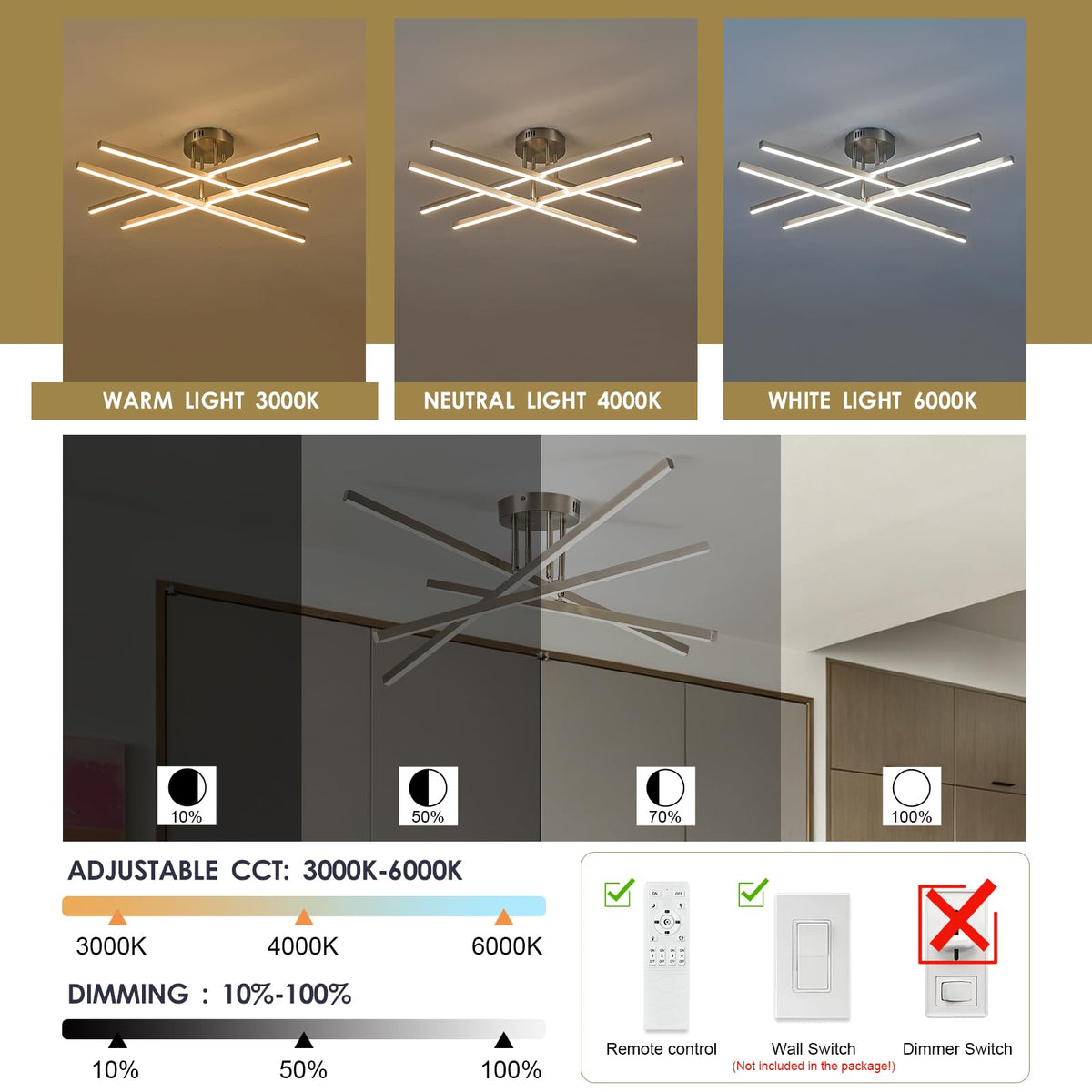 Nickel Modern LED Chandelier Large 31.5" Semi (Nickel-A / 4 Lights - Remote Control - 31.5")