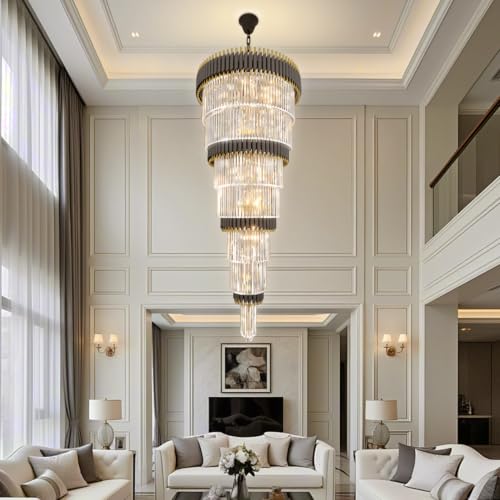 7 Tier Black and Gold Chandeliers Long Staircase Crystal Chandelier Large Entryway Chandeliers Adjustable Chain for Entrance Hall Living Room Foyer H66 x W32 19 Lights (D32"XH66" Black)