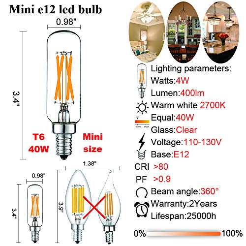 T6 E12 Candelabra Bulb 40 watt (Warm White 2700k 4w)