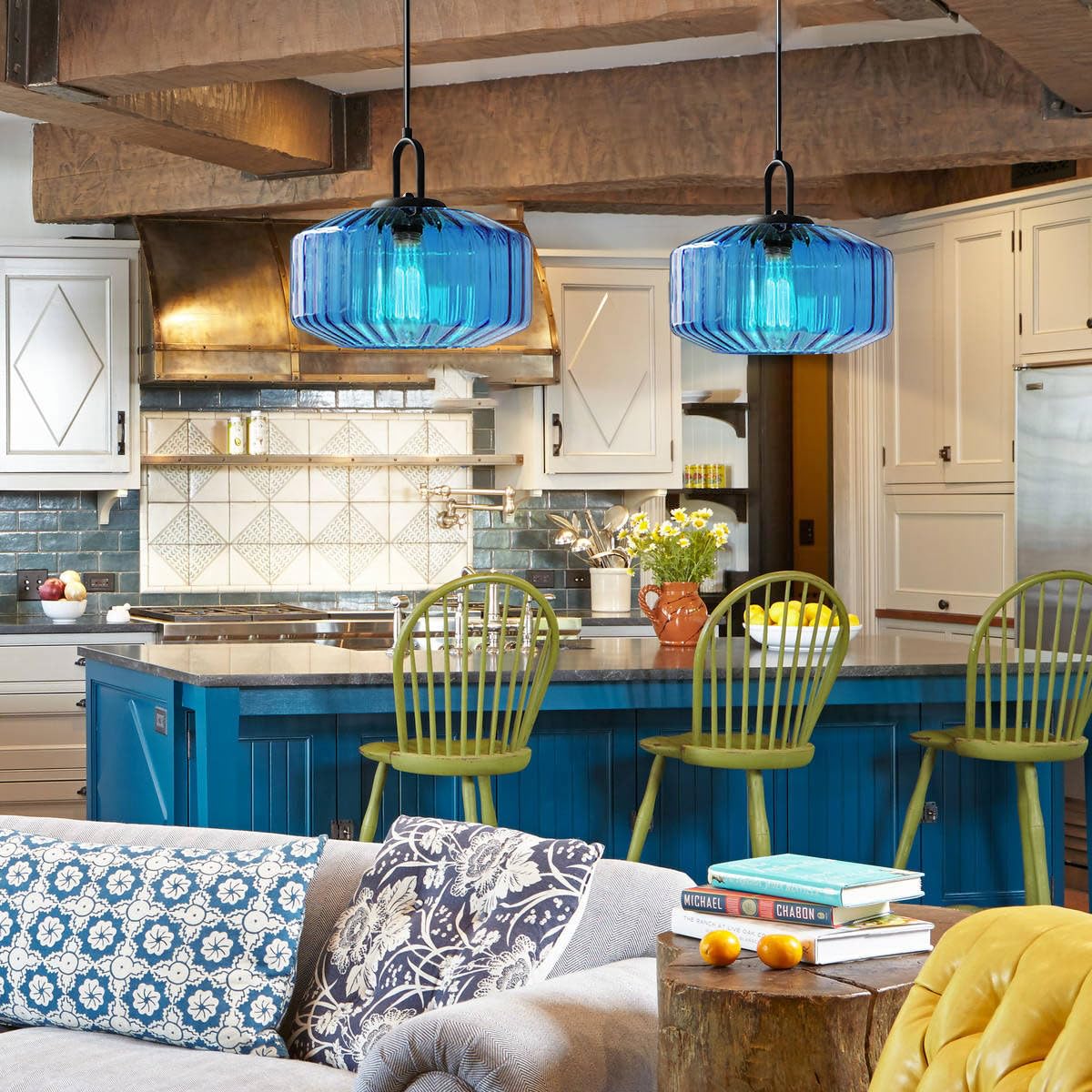 Large Modern Pendant Light Fixtures Dining Room Vintage Glass Ceiling Pendant Lighting Kitchen Sink Blue Hand Blown Glass Shade Black Finish Adjustable Cord Hanging Pendant Light (Blue-2)