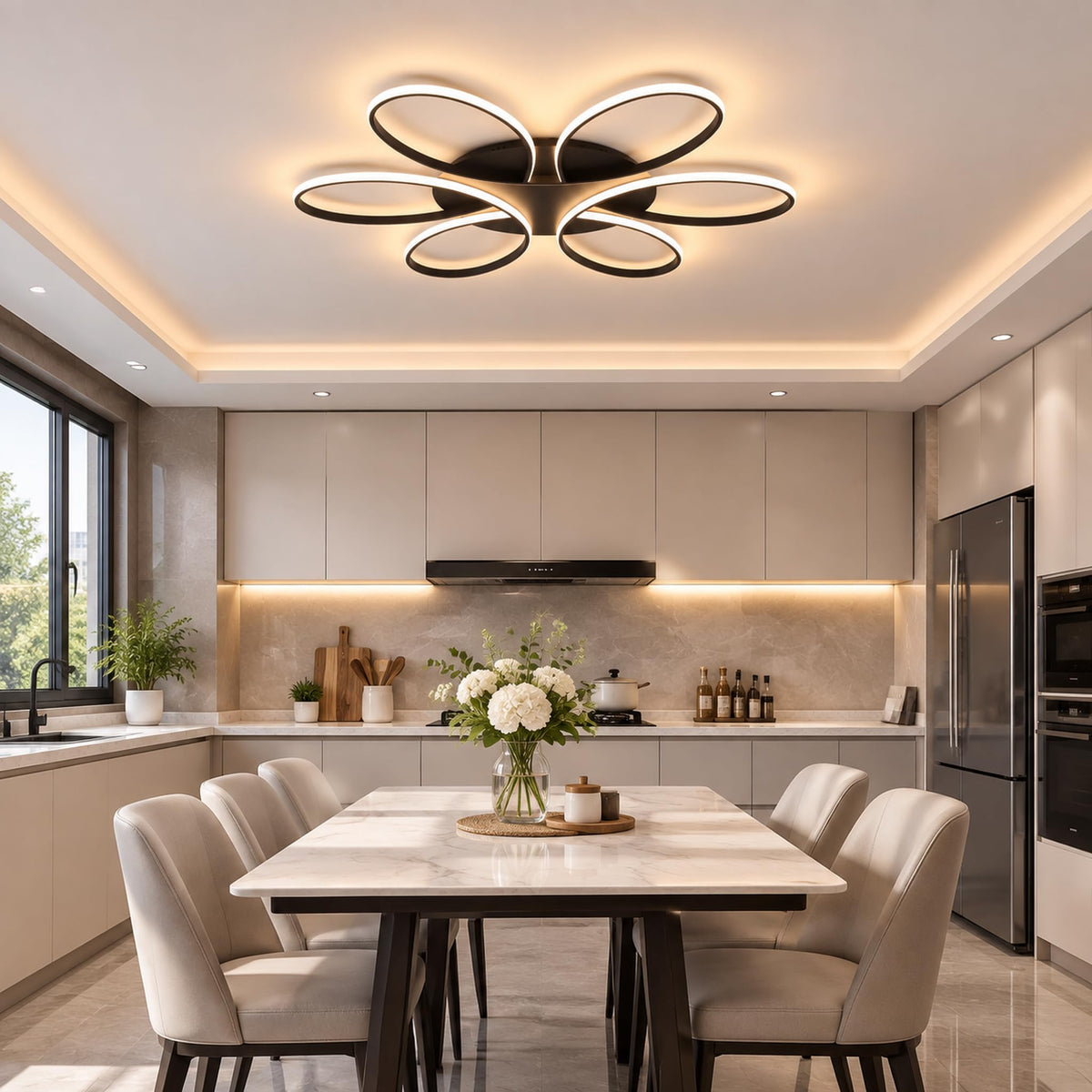 Modern LED Ceiling Light Fixture Black Flush Mount Ceiling Lamp with Remote Control Dimmable Rings Flower Shaped Ideal for Living Room Suite Bedroom Leisure Study Room Kitchen (750mm/29.5inch)
