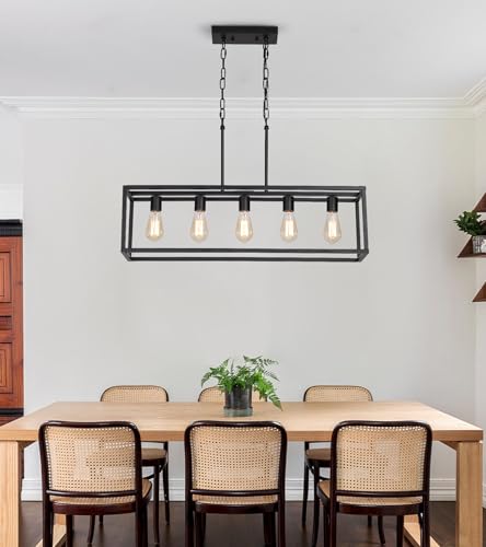 Black Rectangle Kitchen Island Lights Rectangular Modern Industrial Chandelier for Dining Room 5 Lights Linear Vintage Cage Light Fixtures UL Listed (5-Lights)