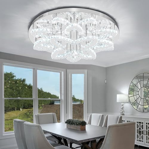 Dia 32" Modern Chandeliers for Living Room Crystal Ceiling Chandelier Round Chandeliers for Dining Room Bedroom Living Room Entryway Silver Flush Mount Crystal Ceiling Light with Remote (Silver / Dia 32")