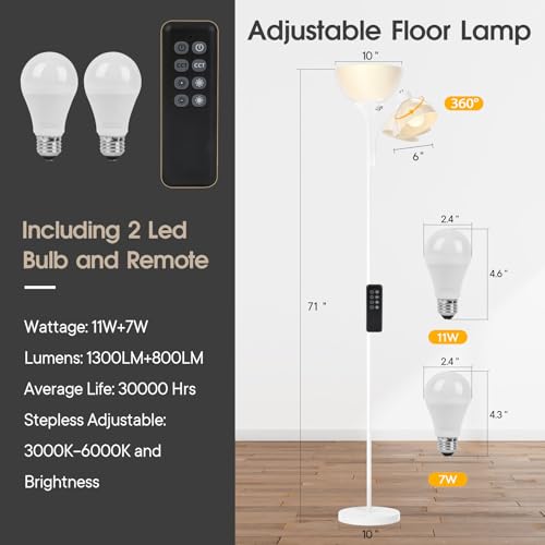 Torchiere Floor Lamp with Remote Control and Adjustable Reading Light (White)