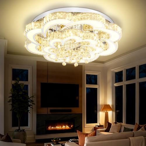 Dia 32'' Modern K9 Crystal Chandelier Flush Mount Ceiling Light Fixture Dimmable LED Chandelier for Living Room Dinning Room Bedroom (Silver / Dia 32'')