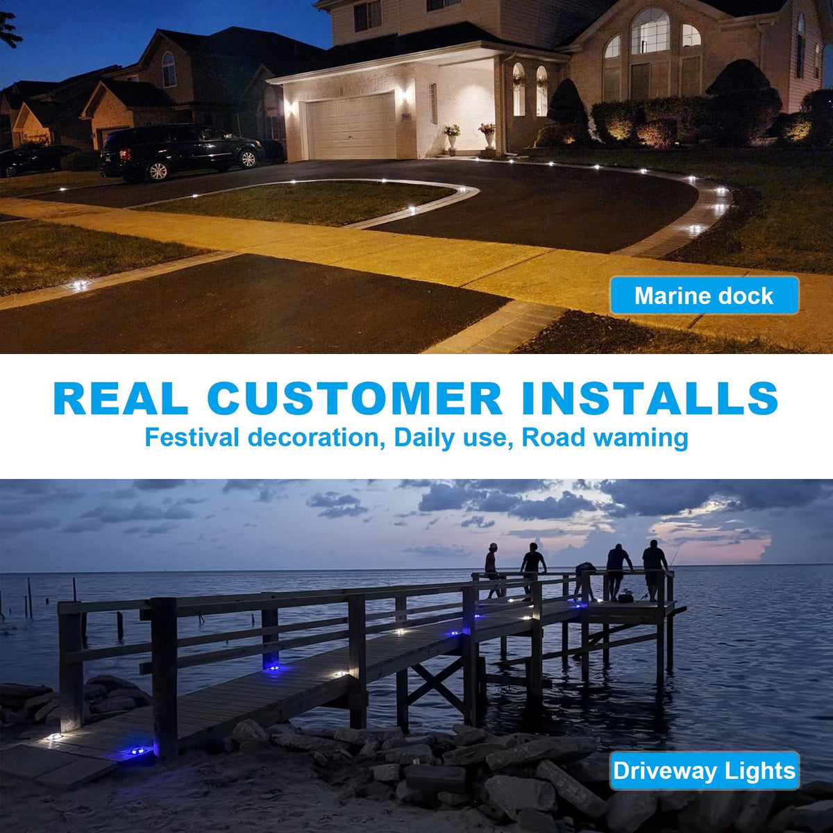 Solar Driveway Lights Dock Marine Lights 12 Pack (White+Blue,Black / 12pack)