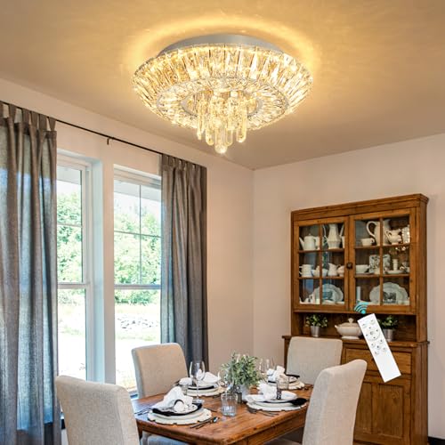 Crystal Chandelier 25W Modern Round Ceiling Light Fixture LED Raindrop Chandeliers Dimmable with Remote for Dining Room Living Room Entryway Hallway Bedroom Silver (Silver / W16")