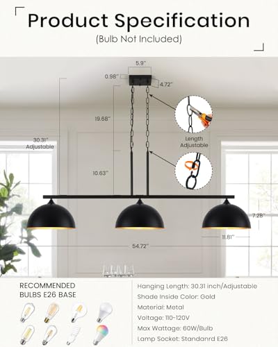 3 Light Island Light for Kitchen (3 Light / Black)