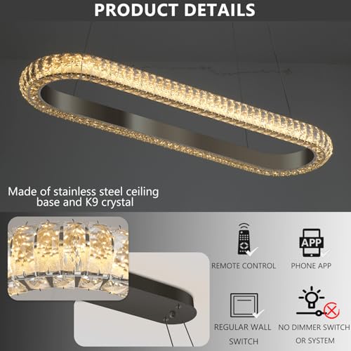 40'' Oval Ring Crystal Chandelier Modern LED Dimmable Ring Pendant Light Chandelier for Dining Room Living Room Black (Black / 1 Ring Oval 40")