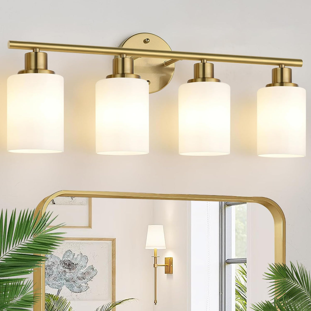 4 Light Bathroom Light Fixtures (Brushed Gold & Milky White Glass / 4-light)
