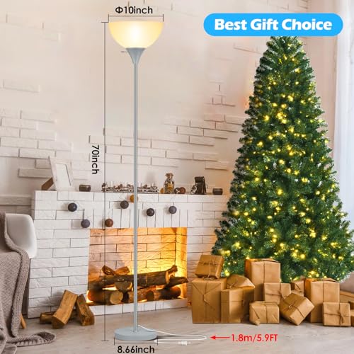 Floor Lamp LED Standing Lamps with White Plastic Shade (Silver Grey)