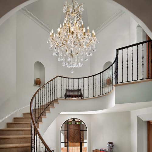 24 Lights Large Crystal Chandeliers for High Ceilings Brass Maria Theresa Chandelier Modern Chandelier Light Fixture for Foyer Living Room Hallway Entryway Staircase 55.1" H x 39.4" D (Brass / 24 Lights)