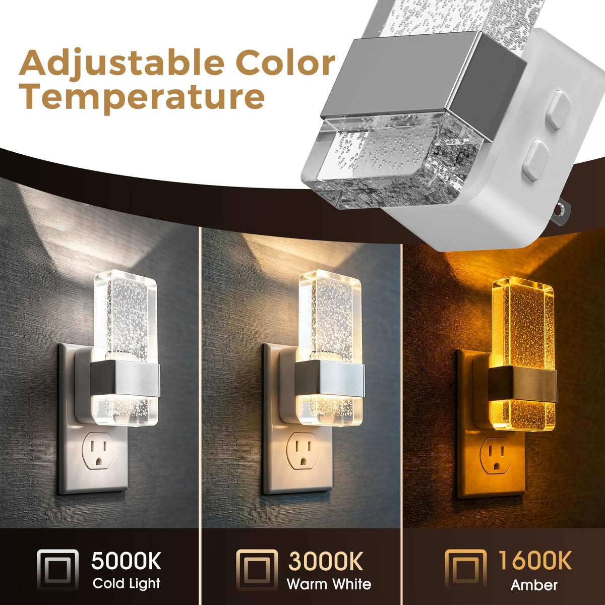 Night Light Night Lights Plug Into Wall 3CCT Adjustable 2 Pack (Silvery White)