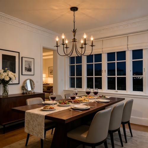 6 Light Flower Black Chandeliers for Dining Room (Black)
