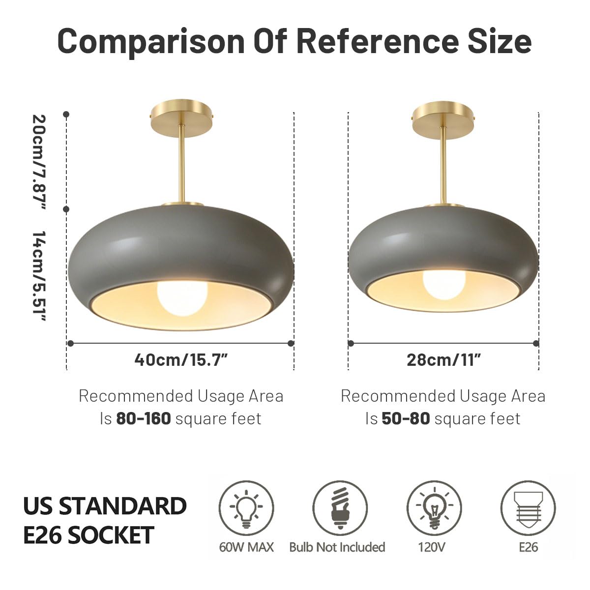 15.7″‌ Large Ceiling Lamp Gold Brass 1Light Classic Gray Glass Shade (15.7″-Gray)