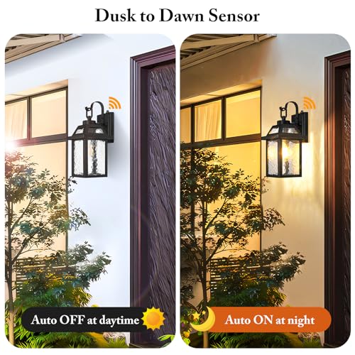 2 Pack Dusk to Dawn Outdoor Wall Lights with Water Ripple Glass (13.8" (2-Pack）)