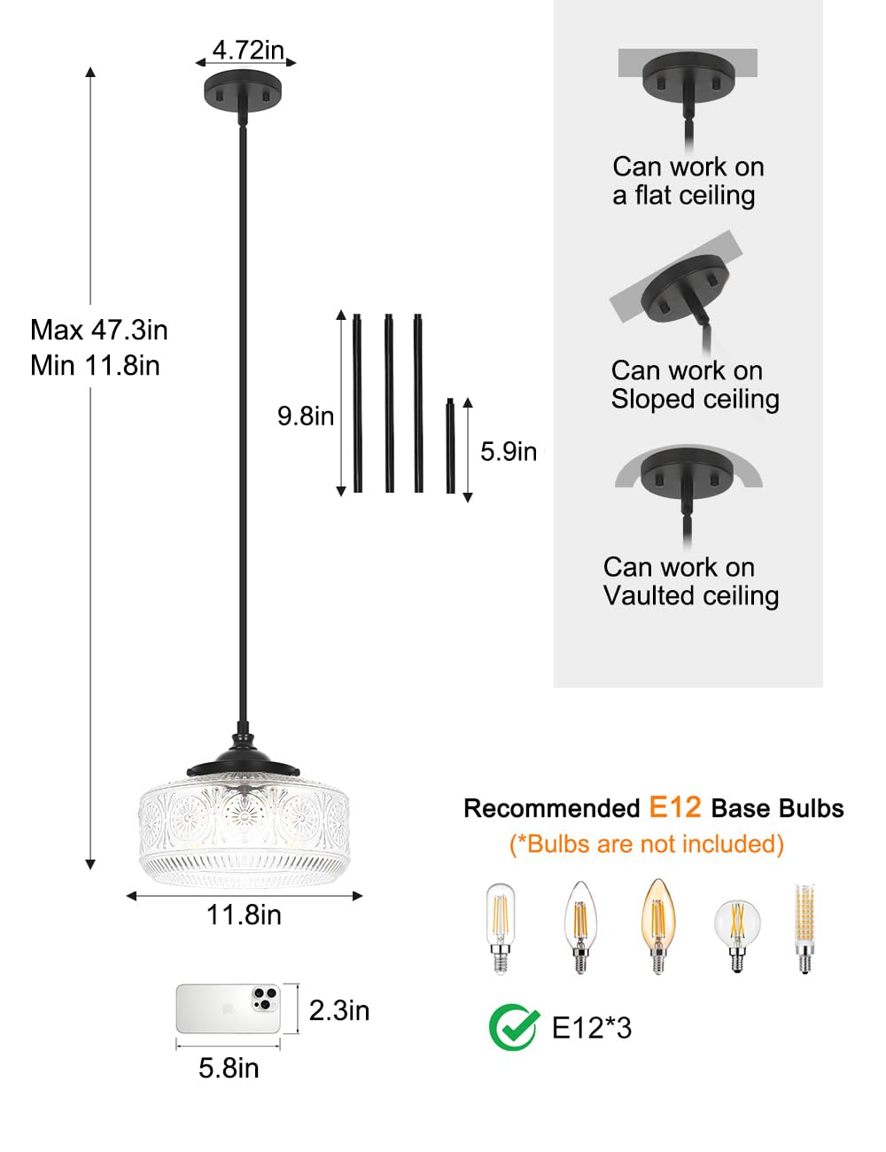 Black 3 Light Pendant Lights Kitchen Island Adjustable Hanging Sink Light (Black+Clear Glass / 11.8in)