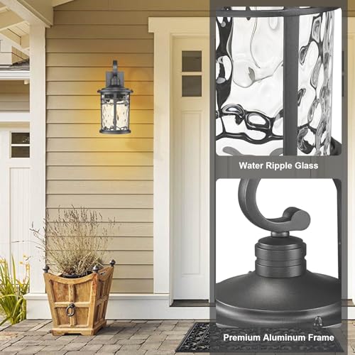 Outdoor Porch Lights Wall Mount Sconces with Stone Glass Outdoor Lighting Waterproof Exterior Lantern for House Front Porch Patio Garage Doorway Garden (1 Pack-Water Ripple Glass / Large)