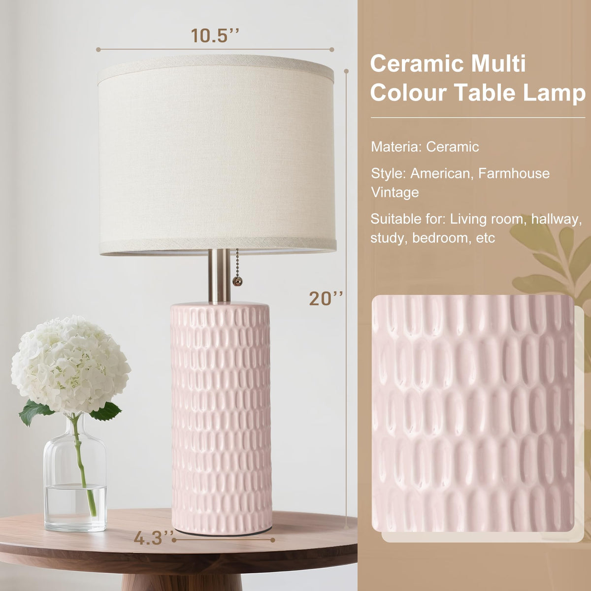 20.5”Modern Ceramic Table Lamps for Bedroom Set of 2 (Pink-1)