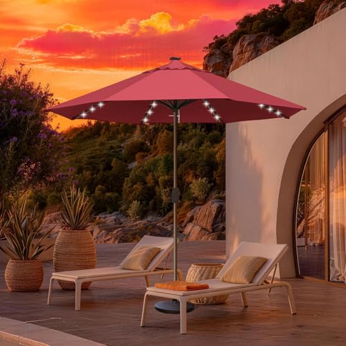 USA 10-Year-Non-Fading 10ft Market Patio Umbrella, Commercial Grade Table Sun Umbrella with 80 Solar LED Lights, Crank Open, Windproof & UPF 50+ UV Protection for Garden, Deck, Pool, Backyard, No Tilt, Burgundy (Burgundy / 10FT(Single Vent No Tilt))