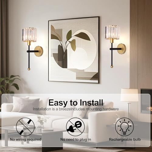 Modern Glass Crystal Wall Sconces Battery Operated Set of 2 (Gold-Black)