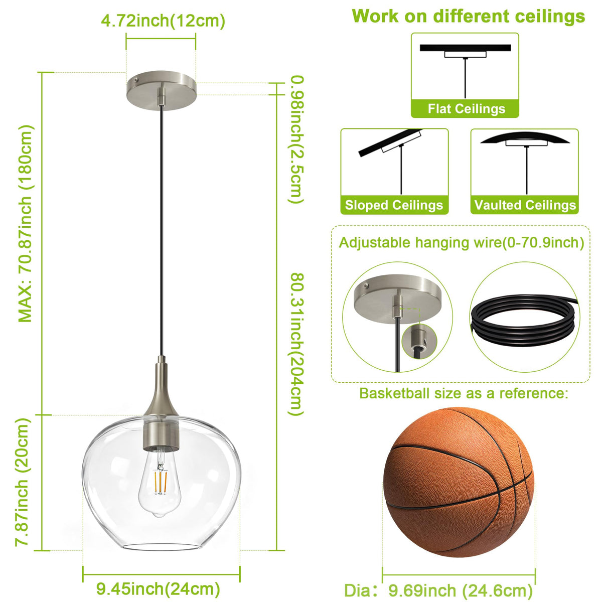9.45in Nickel Pendant Lights Kitchen Island with Clear Glass Shade 1Pack (Nickel-Clear Glass)