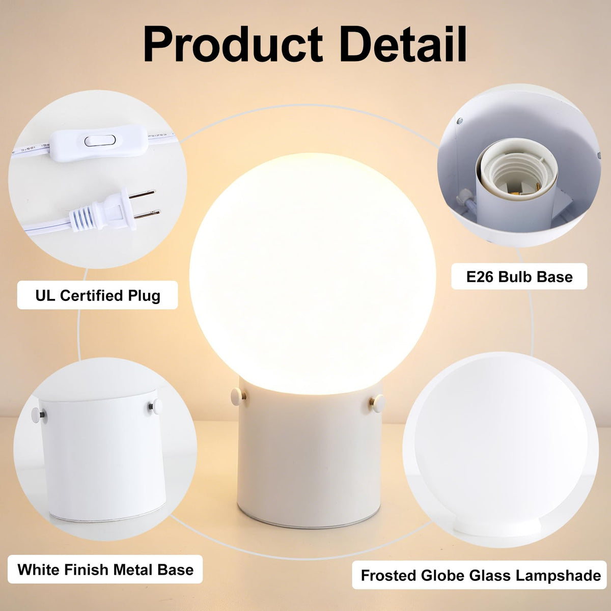 Modern White Table Lamp with Frosted Glass Globe Shade (White)