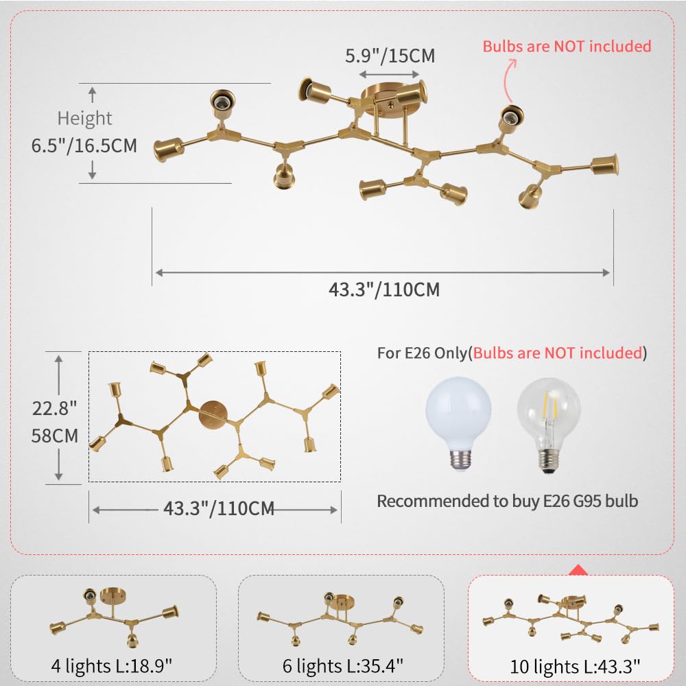 Modern Mid Century Gold Sputnik Semi Flush Mount Ceiling Light Fixture (Gold / 10 Light)