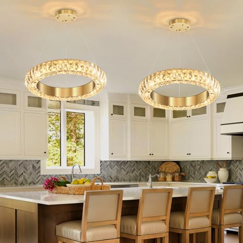 16" Ring Modern LED Dimmable Crystal Chandelier Adjustable Height Pendant Light Round Crystal Chandelier Light Fixtures for Dining Room Living Room Kitchen Island Gold (Gold / 1 Ring Round 16")