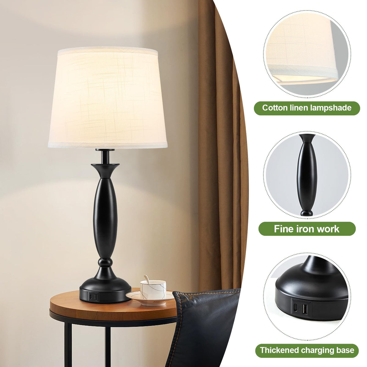 23" Touch Lamps for Nightstand Set of 2 (Black & White Shade)