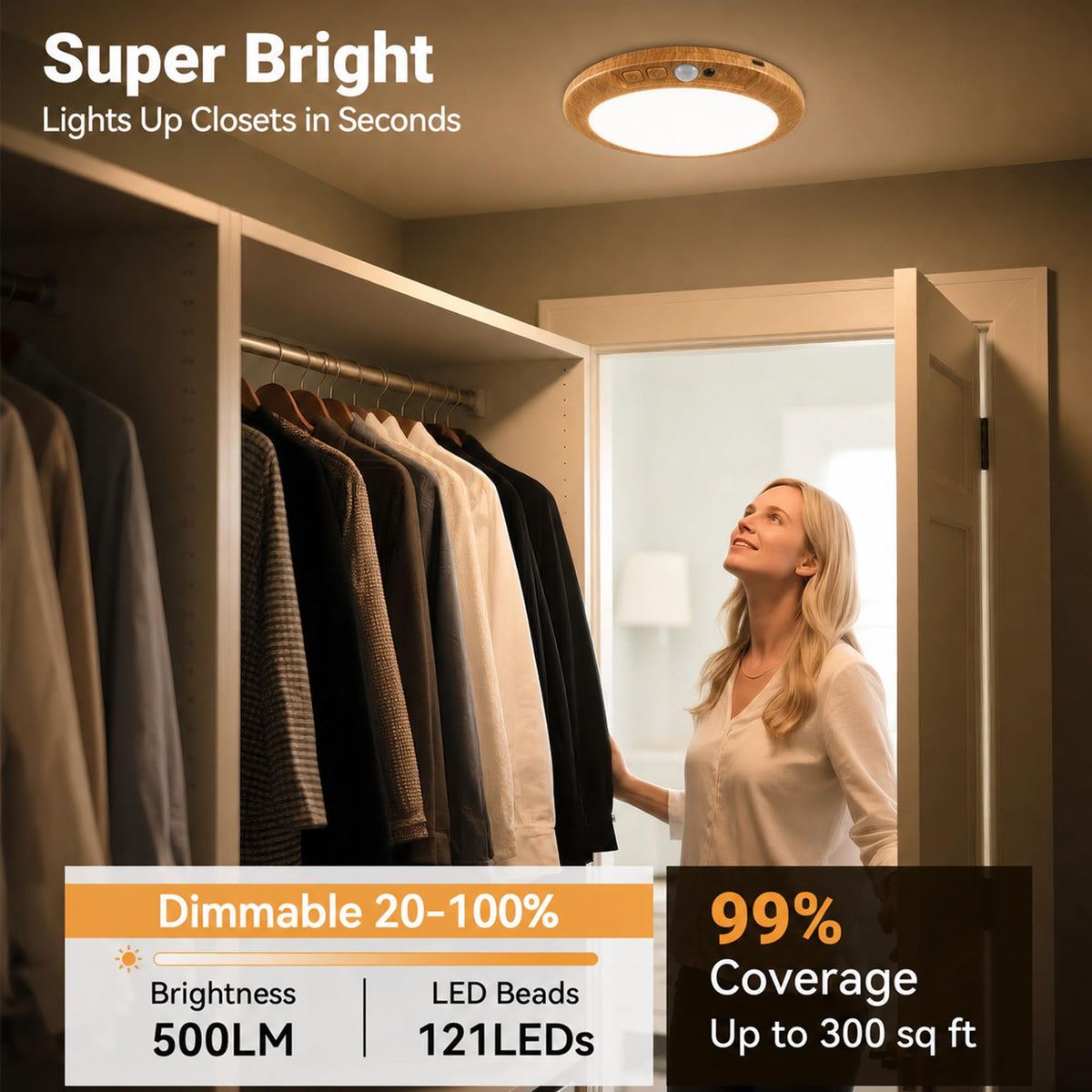 Wireless Rechargeable Ceiling Light with Remote (Light Wood / 8 Packs)