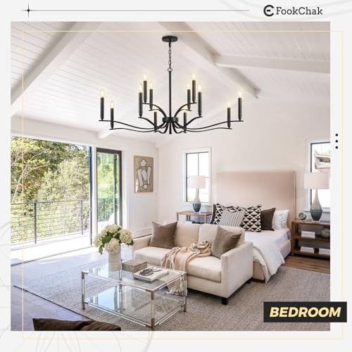 Black Living Room Chandelier 12 Light High Ceiling Foyer Candle Chandelier Large Dining Room Light Fixture Over Table 44in Metal Modern Chandeliers Hanging Light for Entry Master Bedroom (Black / 44 inch)