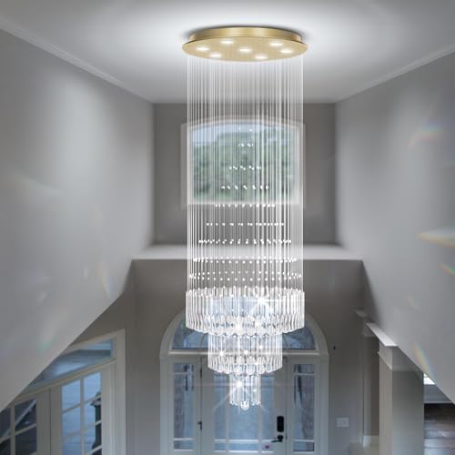 D24''XH86'' Modern Foyer Chandelier for High Ceiling Modern LED Crystal Raindrop Chandelier for Tall Living Room (Gold / D24"X H86")