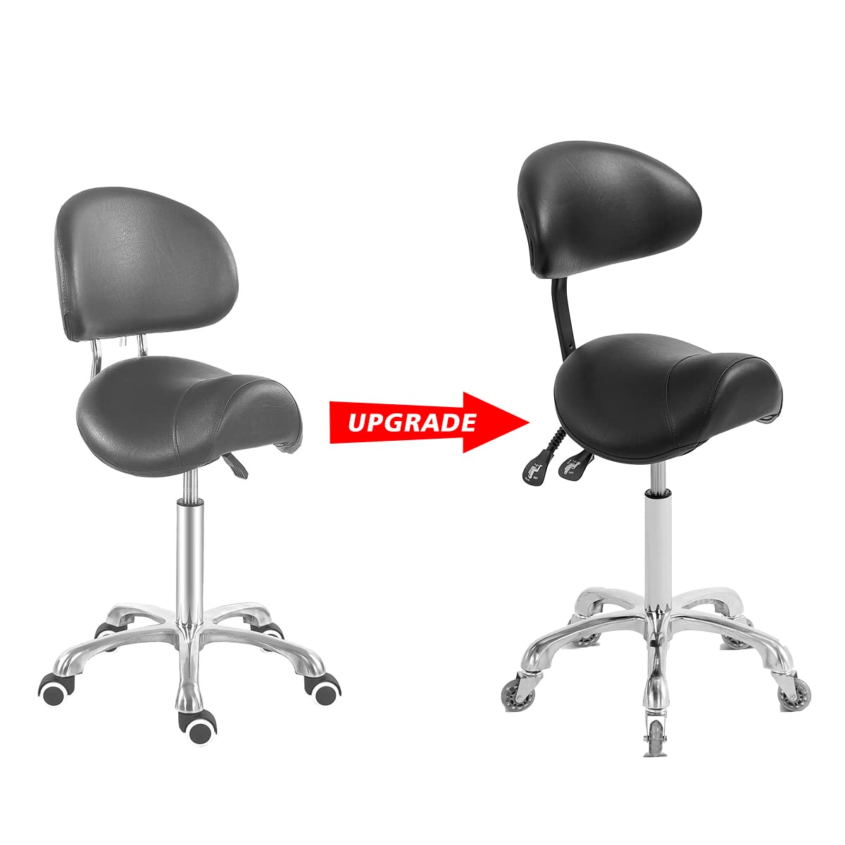 Saddle Stool Rolling Chair with Back Support (Black With Back)