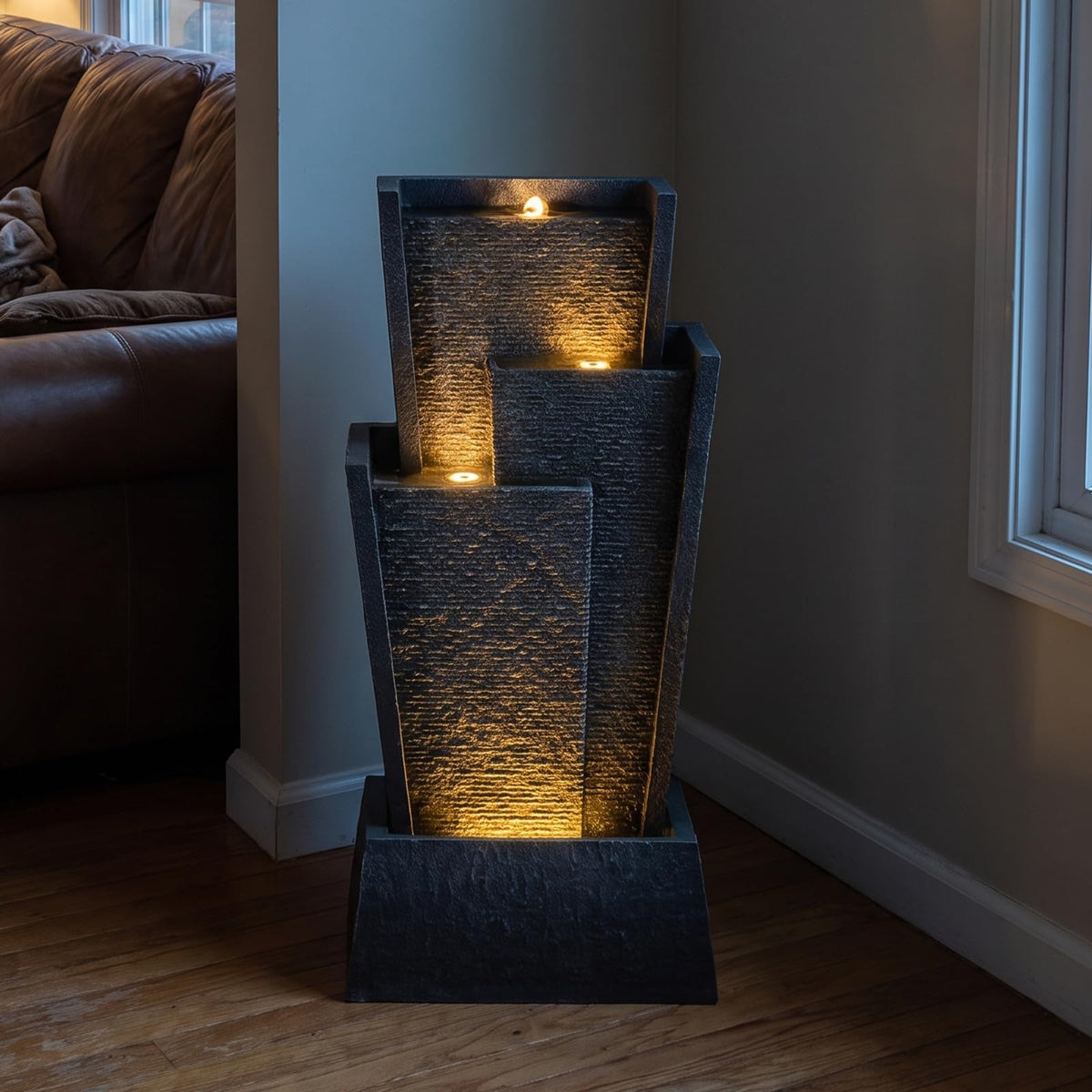 28H Modern Cascading Outdoor Water Fountain with Warm LED Light (28.3H)