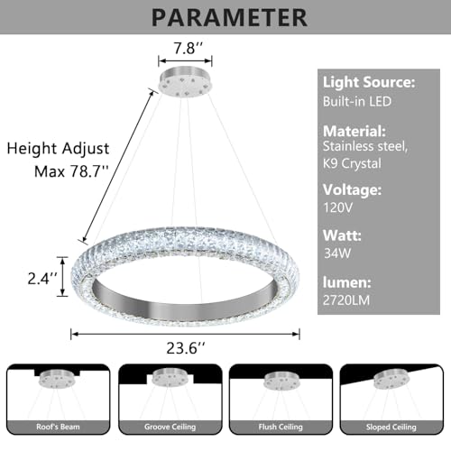 24" Ring Modern LED Dimmable Crystal Chandelier Adjustable Height Pendant Light Round Crystal Chandelier Light Fixtures for Dining Room Living Room Kitchen Island Silver (Silver / 1 Ring Round 24")