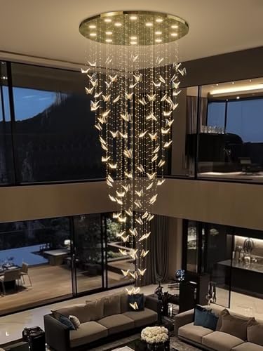Crystal Butterfly Chandelier High Ceiling Chandeliers for Staircaes Large Raindrop Chandeliers LED Dimmable Big Chandelier for Foyer Hallway Entryway Gold (Gold / Dia 40")