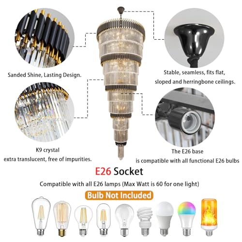 9 Tier Black and Gold Chandelier Modern Luxury Ballroom Chandelier Extra Large Crystal Chandeliers for High Ceiling Living Room Staircase Foyer Entryway 31 (D40"XH84" Black)