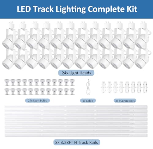 Dimmable Track Lighting Kit with LED GU10 Replaceable Bulbs White 24 Lights (White)