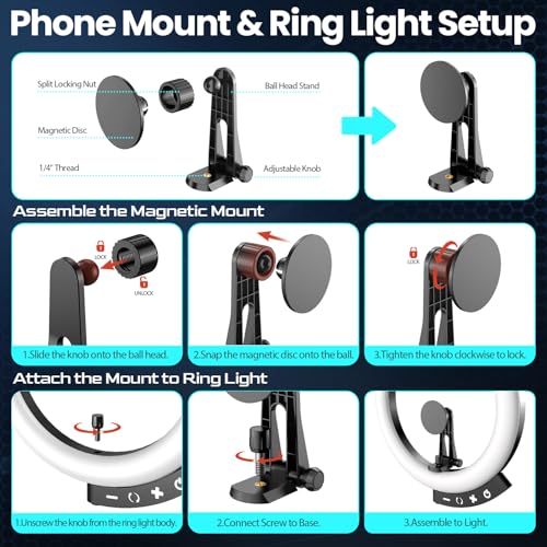 12'' LED Ring Light with 62'' Tripod Stand and Magnetic Phone Holder (12 in / Black Magnetic)
