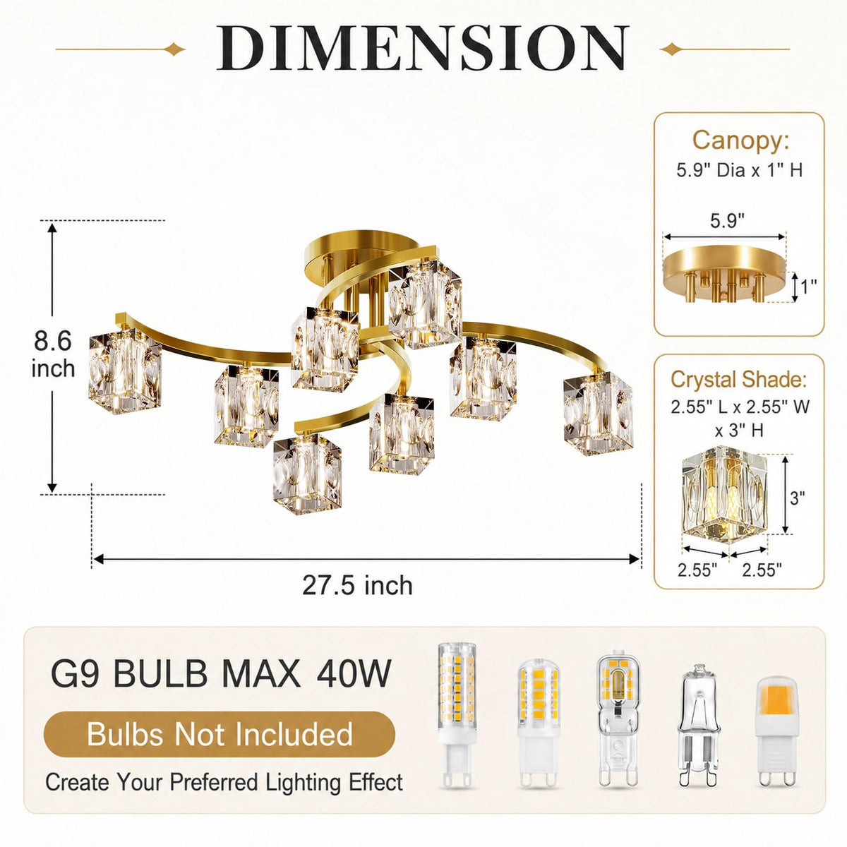 Gold Semi Flush Mount Ceiling Light Fixture (Gold(8lights) / 27.5inch)