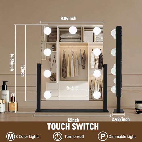 Vanity Mirror with Lights (Black / 12"L x 14"W)